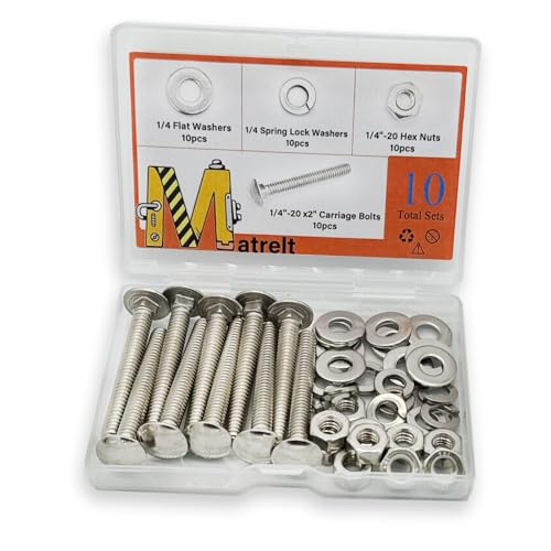 Image of 10 Sets 1 /4 inch-20 x2 Carriage Bolts Round Head Square Neck Screws with Hex Nuts Flat Washers Spring Lock Washers 304 Stainless Steel Full Thread Coverage Square Neck Bolts Assortment Kit