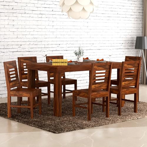HANDWOOD FURNITURE Sheesham Wood Dining Table(57×35) with 6 Chairs | 6 Seater Dining Set | Wooden Dining Table with Chair | Dining Room Furniture | Finish Color :- Honey Finish