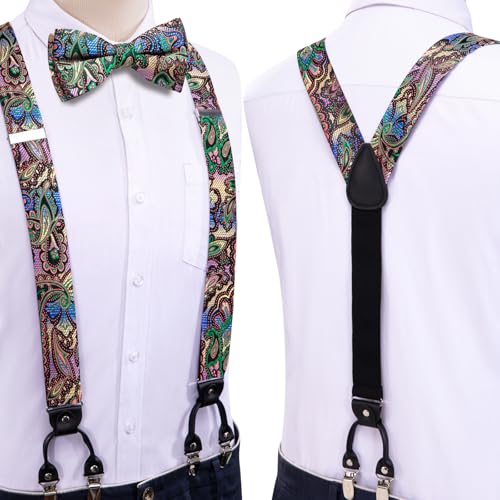 Image of Dubulle Suspender and Bow Tie for Men Paisley Solid Mens Suit Braces Pretied Bowtie and Handkerchief Cufflinks Formal Wedding