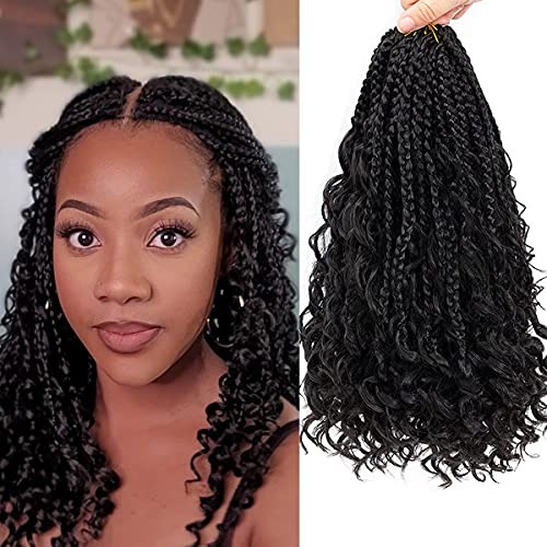 Tracy 8 Packs 14 Inch Boho Box Braids Goddess Box Braids Crochet Hair Bohemian Bob Box Braids Curly Ends 3X Crochet Braids Synthetic Braiding Hair Extension(1B)