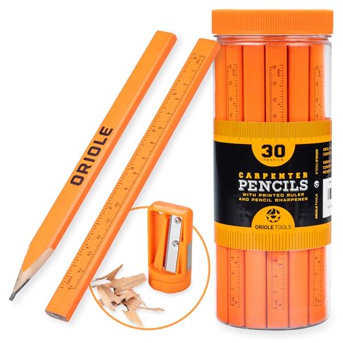 Carpenter Pencils Set with Ruler, 30-Pack of Flat Construction Pencil Bulk Kit by Oriole. Includes Sharpener Carpentry Pencil for Contractors, Framing, Custom Projects & Woodworking.
