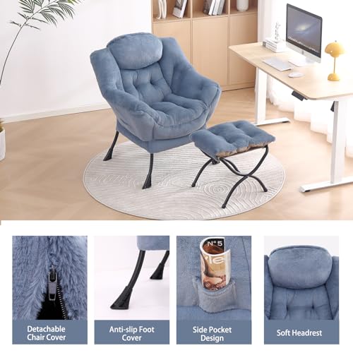 Image of LITA Modern Accent Leisure Upholstered Sofa Chair with Ottoman, Plush Light Blue, 43 x 80 x 95 cm, Cotton, Standard Sofa, Living Room Chair