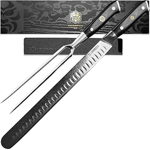KESSAKU 12-Inch Carving Slicing Knife & 7-Inch Meat Fork Set - Dynasty Series - 67-Layer AUS-10V Japanese Damascus Steel - Granton Edge - G10 Full Tang Handle Cover