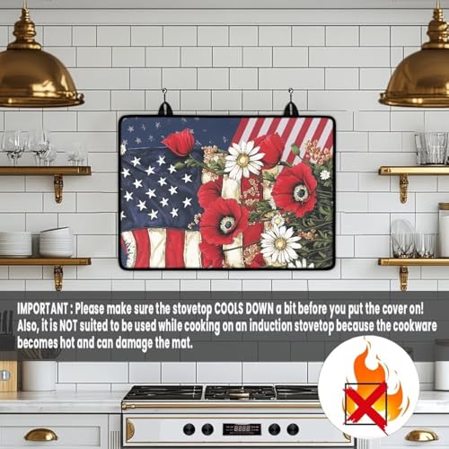 Image of Electric Stove Top Covers Heat Resistant Glass Ceramic Cooktop Cover Mat Multipurpose Kitchen Scratch Resistant Flat Top Stove Cover, 29 x 21 Inch, American Flag Floral Print