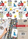  Geschenkpapier-Set für Kinder: Feuerwehr/ Dinosaurier: 4x Einzelbögen + 1x Postkarte