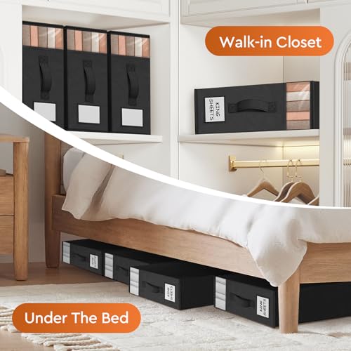Image of StorageTastic 6 Pack Bed Sheet Closet Organizers and Storage,Sturdy Foldable Storage Containers with Window and Label,Storage and Organization for Bedding Sheets,Duvet Covers,Blankets (Black)