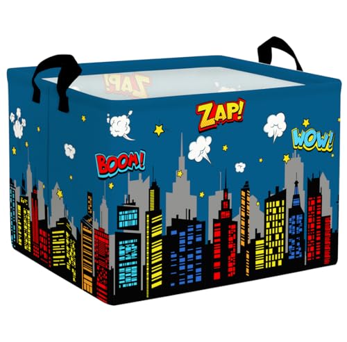 Clastyle Blue City Skyline Hero Kids Laundry Hamper for Boys Waterproof Foldable Clothes Toy Shelf Storage Basket for Baby Nursery Room Skyline