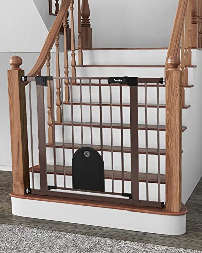 Image of Newnice 40.6"-29.7" Wide Auto Close Baby Gate with Small Cat Door, Easy Walk Thru & Durable Dog Pet Gates for Stairs, Doorway, House, Pressure Mounted Safety Child Gate, Brown