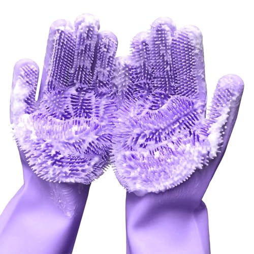 Image of Silicone Dishwashing Gloves with Built-In Scrubber | Reusable Cleaning Gloves for Kitchen & Household Use | Heat Resistant Hand Gloves for Washing Dishes & Plate Cleaning (Purple,1 Pair)