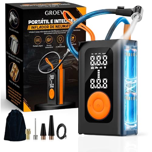 Groevi© Inflador Ruedas Coche 150 PSI – Compresor Aire Portátil Recargable con Batería 4000 mAh USB‑C, LCD Digital, LED Emergencia – Inflador eléctrico con Accesorios Coche y Moto, Viaje