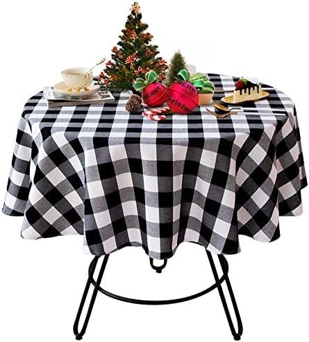 Wracra 55 inch Buffalo Plaid Round Tablecloth Checkered Round Table Cover for Wedding Kitchen Dinning Room Party Home Picnic Christmas Decor(White and Black, Round 55")