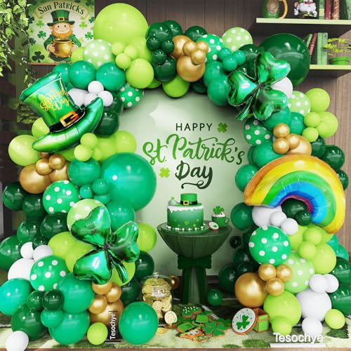 St. Patricks Day Balloon Garland Arch Kit Green Gold White Balloons Lucky Shamrock Clover Rainbow Hat Foil Balloons for Happy St. Patricks Day Decorations Irish Festival Birthday Party Supplies