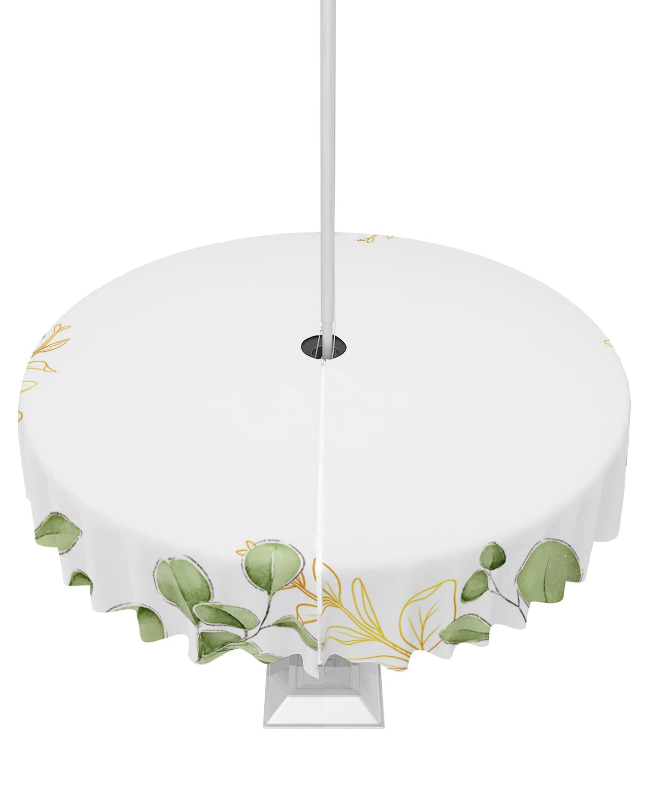 Spring Summer Green Gold Leaf Outdoor Round Tablecloth with Umbrella Hole 54 Inch,Wrinkle Free Wipeable Fabric Table Cloth Waterproof Zippered Cover for Patio Party,Botanical Eucalyptus Leaves Plant