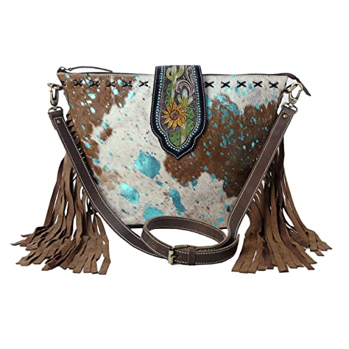 Hand Tooled Cowhide Leather Flap Open Zipper Closure Crossbody Shoulder Purse For Women