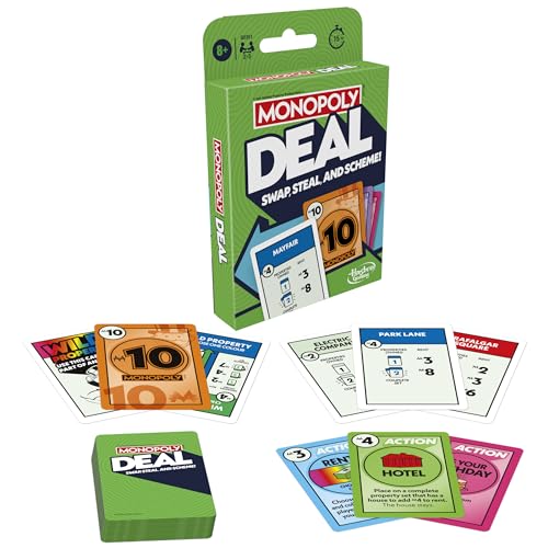 Monopoly Juego de cartas Deal, juego de cartas familiar de juego rápido para 2-5 jugadores, a partir de 8 años