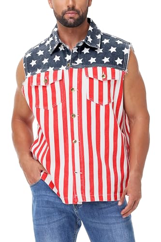 AOBUTE Mens American Flag Denim Vest Sleeveless 4th of July Jean Jacket4