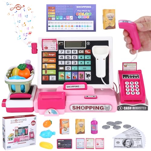 Caixa registadora brinquedos para crianças, máquina registadora brinquedo infantil kit, com scanner, cartão de crédito, cesta de compras, caixa supermercado brinquedo, para meninas crianças 3+ anos