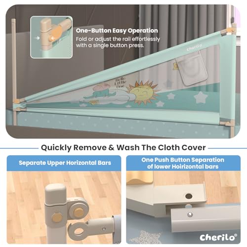 Image of Cherilo Bed Railing for Baby Safety - Foldable & Height Adjustable Railing for Toddler's Safety, 180cm x 73cm Protector for Baby, Collapsible Bed Protector Side Walls - Sea Green