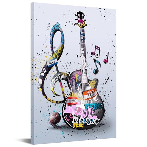 KREATIVE ARTS - KREATIVE ARTS Guitar Canvas Painting for Music Studio and Room Decor Framed Artwork Graffiti Style Music Note Wall Art 16x24 Inch Stretched Canvas Ready to Hang - -5%
