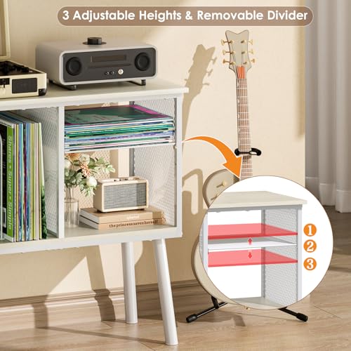 Image of Record Player Stand, Large Vinyl Record Storage with Adjustable Divider, Holds Up to 200 Albums, Multifunctional Vintage Turntable Stand for Living Room & Bedroom, Patent Pending