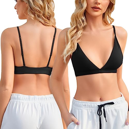 Image of INIBUD Bralette for Women Removable Padded Bra Yoga Seamless V Neck Triangle Adjustable Straps Wireless Black L