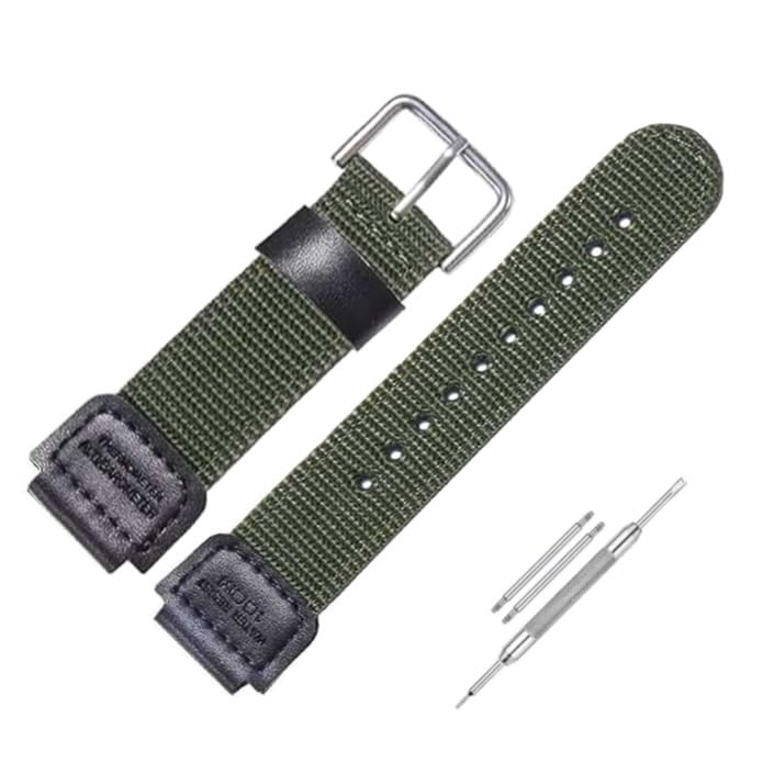 Image of Lineon 18mm Nylon & Leather Nato Style Watch Strap Cut Pattern Specially Compatible With CASI0 Royale AE-1200WH AE 1200 WH with Tool & Pins