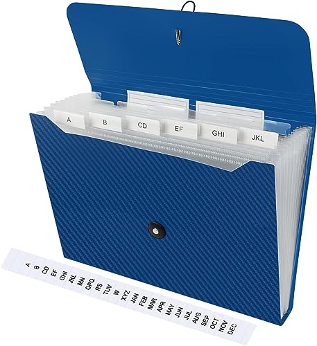 Image of Expanding File Folder, 13 Pocket Accordian File Organizer with Tabs & Labels, Expandable Blue Plastic File Folders Letter Size /A4 /Receipt /Bill Paper Documents for Home /School /Office