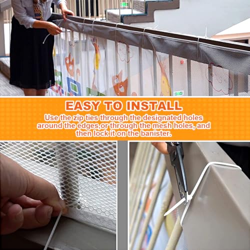 Image of SNOWIE SOFT� 19.6 * 2.59ft Baby Safety Net Guards Stairway Rail Net Thicken Polyester High Stairway Baby Guards with 75 Nylon Zip Ties Ropes Safety Net for Stairway, Patios, Balcony