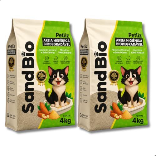 Kit 2 Areia Sanitária SandBio Higiênica de Mandioca para Gatos Biodegradável Natural Grãos Finos Petliz 4 kg