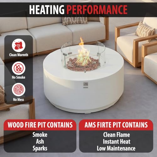 Image of AMS Round Concrete GFRC Propane Gas Fire Pit Table Bundle (Cream White)