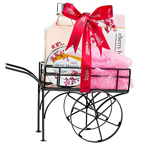 Deluxe Cherry Blossom Bath Body & Spa Set for Women in an Elegant Reusable Wheelbarrow: Shower Gel, Bath Salts, Body Cream Lotion and Bath Puff with Shea Butter & Vitamin E Relaxation Spa Basket