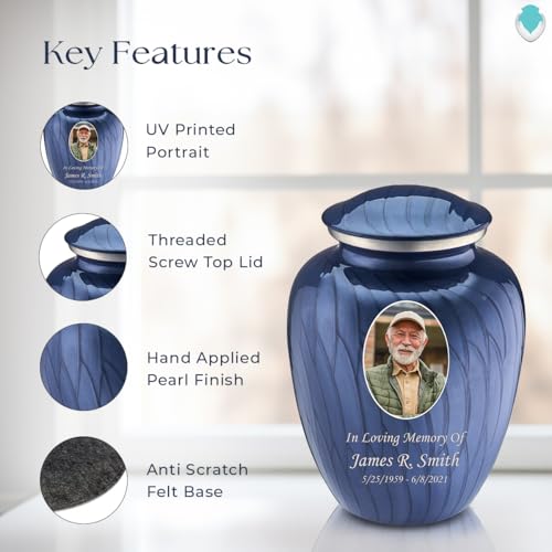 Image of Geturns - Adult Custom Cremation Urns for Human Ashes I Large Pearl Cobalt Blue Photo Funeral Urn for Female and Male I 200 lbs