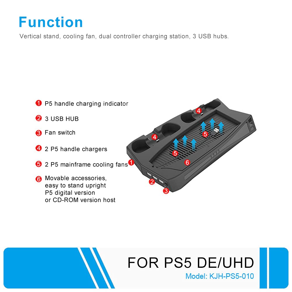 Denpetec Pionowy stojak ładujący do PS5, stacja ładująca do kontrolera PS5, pionowy stojak chłodzący kompatybilny z konsolą PS5