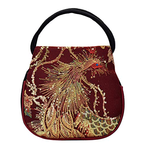 Preisvergleich Produktbild Finebo Handtasche Neue Damenmodetasche Nationale Windtasche mit Pailletten für Damen Tragbare Diagonale mit Leinwandstickerei Geldbörse Tasche Mehrschichtiges Paket (Rot)