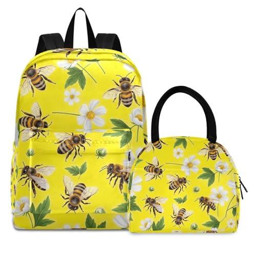 Kids Book Bags Waterproof Picnic Backpack, Travel Backpacks for Big Kids and Youth, Bees White Flowers