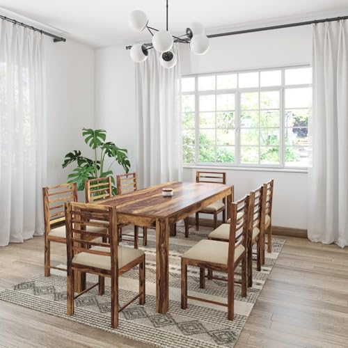 Image of Amazon Brand - Solimo Sheesham Wood Natick 8 Seater Dining Table with Cushioned Chairs | Wooden Dining Set Furniture for Restaurants, Dining Room, Living Room, and Home (Natural Finish)