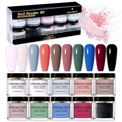BORN PRETTY Dip Powder Nail Set Starter Kit Dipping Powder Kit 10 Colors Valentine's Day Gifts Nude Pink Red Green Gray Blue Black Nail Powder for French Nails Art Manicure DIY No Need Nail Lamp