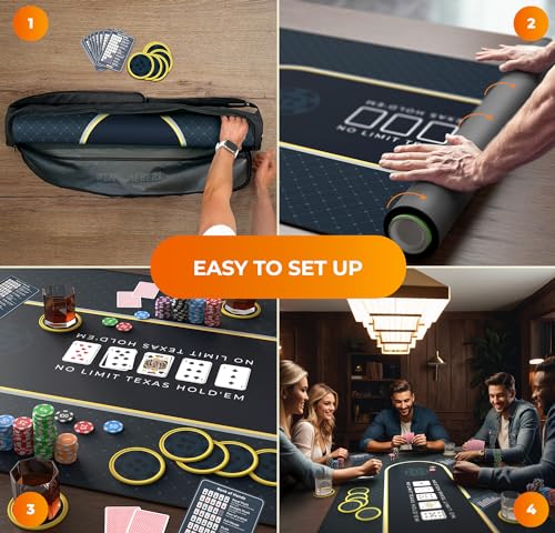 Newverest Tischauflage Texas Hold’em 180 x 90 cm – Casino Poker Matte für bis zu 10 Spieler, Spielabende zu Hause | Poker Matte mit Reißverschlusstasche, 8 Untersetzer & Geschenkbox