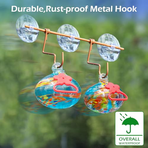 Pozfun Set of 2 Hummingbird Feeders for Outdoors Hanging,Hand-Blown Glass Hummingbird Feeder with Silicone Feeding Perch,Never Leak,Gardening Gifts for Woman Man — view 3