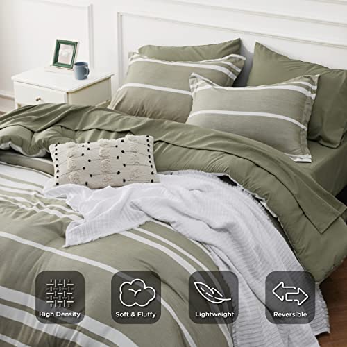 Image of Bedsure Queen Comforter Set 7 Pieces, Olive Green Striped Bedding Set for All Seasons, Reversible, Cationic Dyeing Bed in a Bag with Comforter, Sheets, Pillowcases & Shams