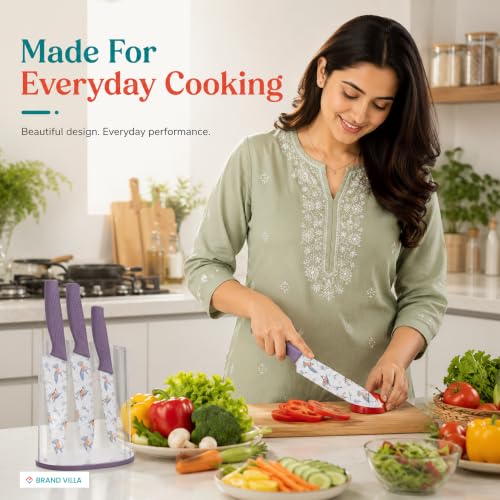 Image of BRAND VILLA Kitchen Knife Set of 3, Ultra Sharp Stainless Steel Chef Knife, Utility Knife & Paring Knife, Non-Stick Coated Blades, Ergonomic Anti-Slip Handle for Fruits, Vegetables & Meat (Purple)