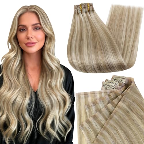 Image of Full Shine Seamless Clip in Hair Extensions, 24 Inch 160g 8 Pcs | Ash Blonde Mix Light Blonde, Remy Human Hair, Invisible Weft, Adds Length for Long Hair Styling, High Density Full Coverage