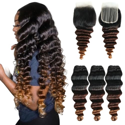 10A Loose Deep Curly Bundles Human Hair with Closure Ombre