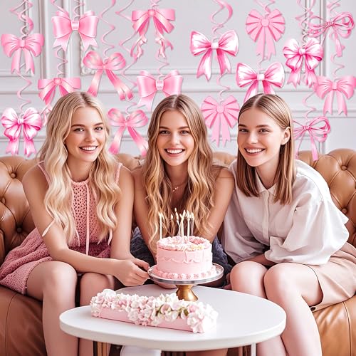 Image of Pink Bow Birthday Decorations, Kaluofan 32PCS Pink Bow Hanging Swirls Set, Bow Party Decorations for Girl Birthday Wedding Valentine's Day Dance Party Favor Supplies