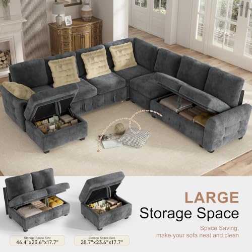 Image of Hanherry 106 inch Sectional Sofa with Pull Out Couch Bed,7 Seat Chenille Sleeper Sofa with 2 Seat Storage & USB Charging,Storage Ottoman,Comfy Modular Couches for Living Room,Apartment