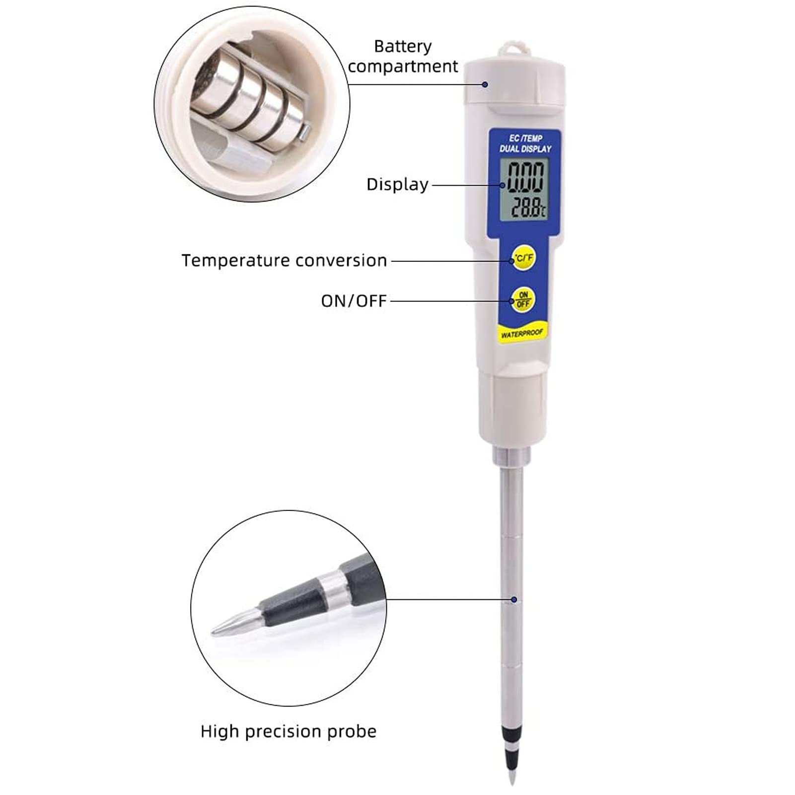 Tyenaza Soil, przenośny tester gleby Miernik temperatury EC z ekranem LCD Przełącznik ℃/℉ do roślin domowych na zewnątrz, ogrodu, trawnika, ogrodnictwa