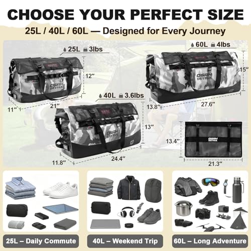 Image of Waterproof Duffel Bag 25L /40L /60L - Heavy-Duty Motorcycle Tail Bag, Roll-Top Dry Bag for Travel, Camping, Boating, Kayaking, Outdoor Adventure