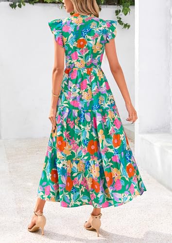 Image of PRETTYGARDEN Women's 2026 Summer Floral Midi Dress Cap Sleeve V Neck Ruffle Long Flowy Boho Casual Beach Vacation Dresses