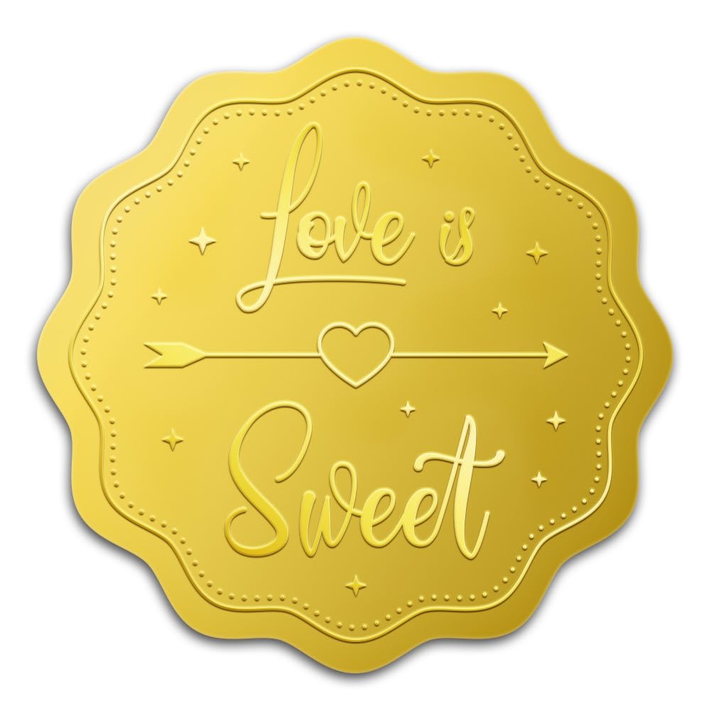 WADORN 100Pcs Love is Sweet Gold Foil Stickers, 2 Inch Heart Pattern Gold Embossed Envelopes Seals Round Self Adhesive Certificate Seal Labels for DIY Crafts Wedding Party Invitations Greeting Cards