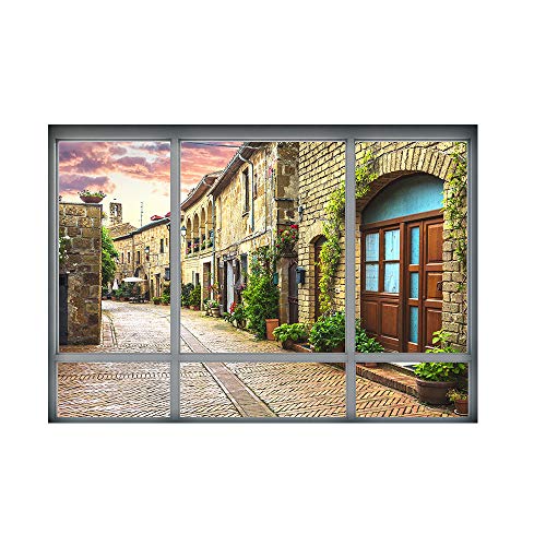 DNVEN 3D Fake Grille Window Europe Streets Scenery High Definition False Faux Window Frame Window Mural Vinyl Bedroom Living Room Playroom Wall Decals Stickers 28 inches x 20 inches